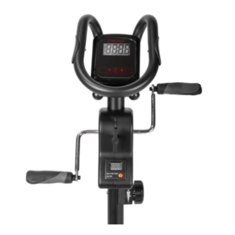 Krmilo sobnega kolesa Gymstick Crank Bike X4 z LCD-zaslonom, ročicama za vadbo rok in nastavitvenim gumbom.