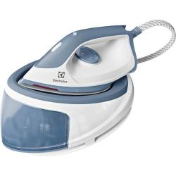Electrolux parna likalna postaja E5ST1‑2DB z ločeno osnovno enoto, prozornim rezervoarjem za vodo in likalnikom v belo‑modri barvi