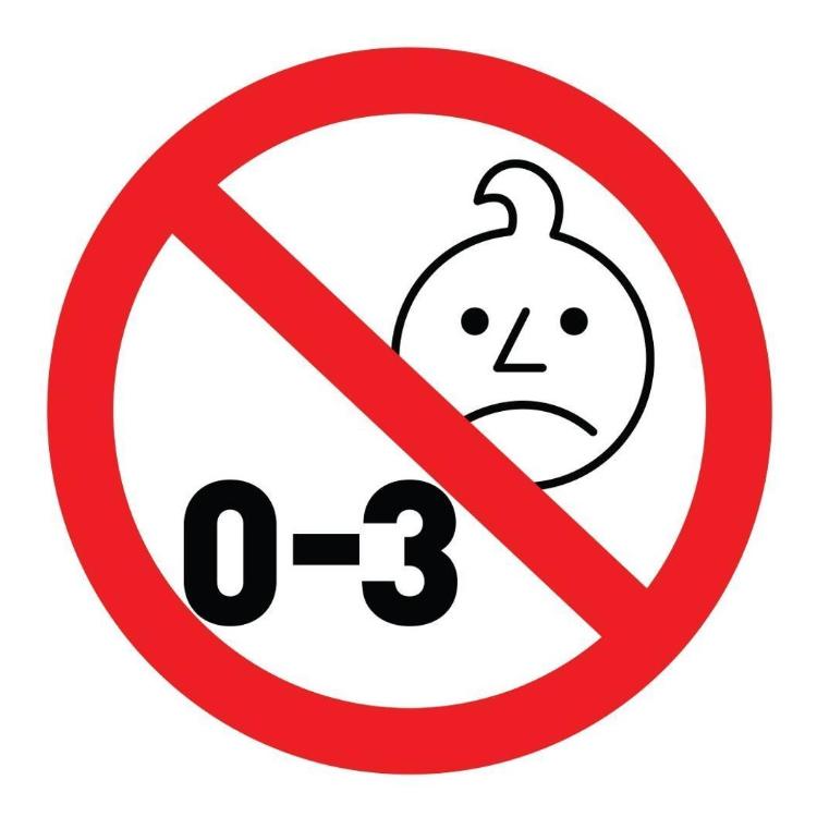Opozorilni simbol prepovedi za otroke od 0 do 3 let zaradi majhnih delov.