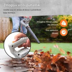 Copilot said: Električni puhalnik listja VonHaus z močnim motorjem 3000 W in hitrostjo zračnega toka do 299 km/h omogoča hitro in učinkovito odstranjevanje listja, trave ter drugih vrtnih odpadkov z dvorišč, poti in teras.