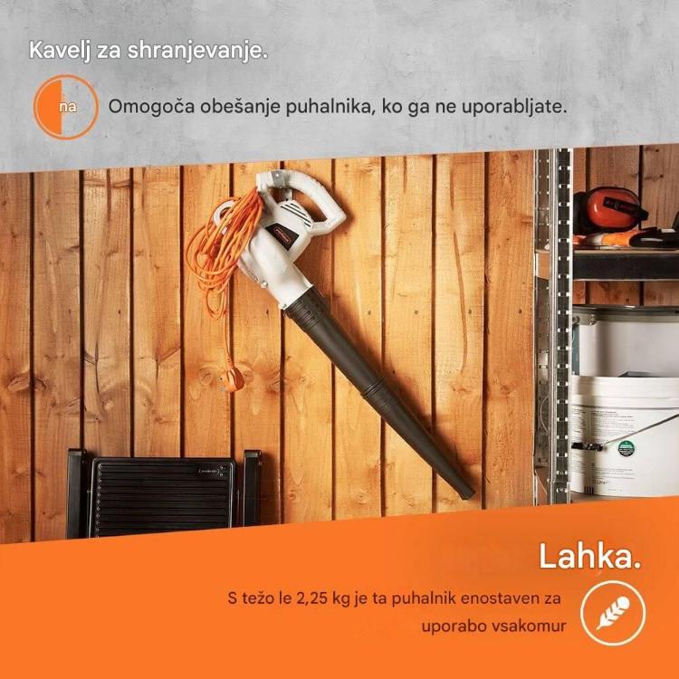 Električni puhalnik VonHaus z enostavnim zagonom, hladilnimi odprtinami, sistemom hitre montaže in nosilcem za navijanje kabla predstavlja praktično rešitev za čiščenje vrtov, dvorišč, teras in dovozov.