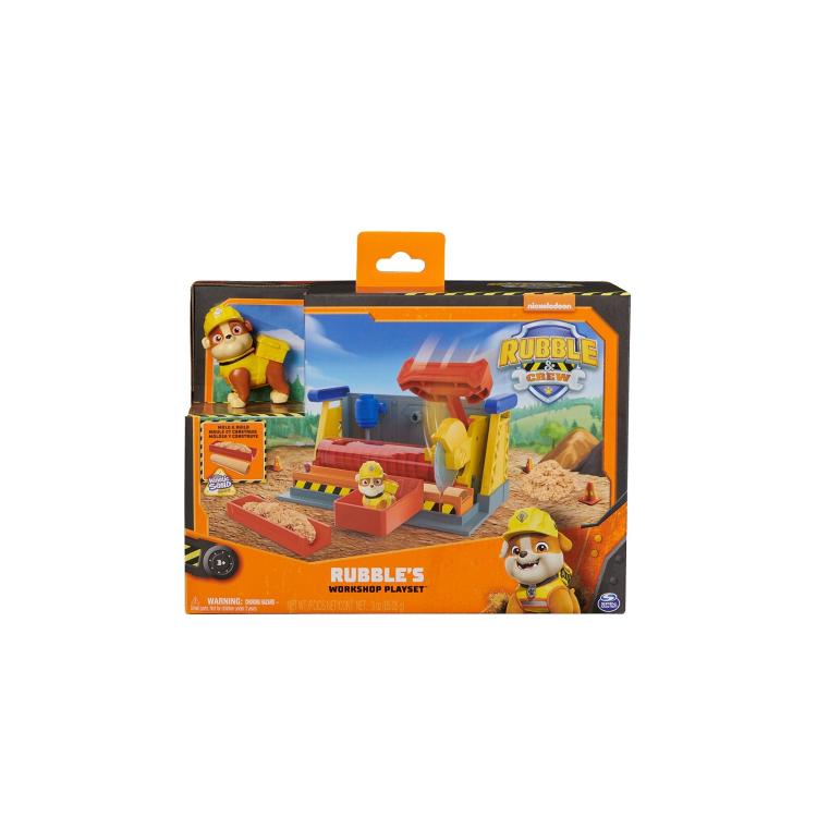Igralni set Rubble's Workshop Playset iz Rubble & Crew s figurico Rubble, kinetičnim peskom in delavnico, za otroke 3+.
