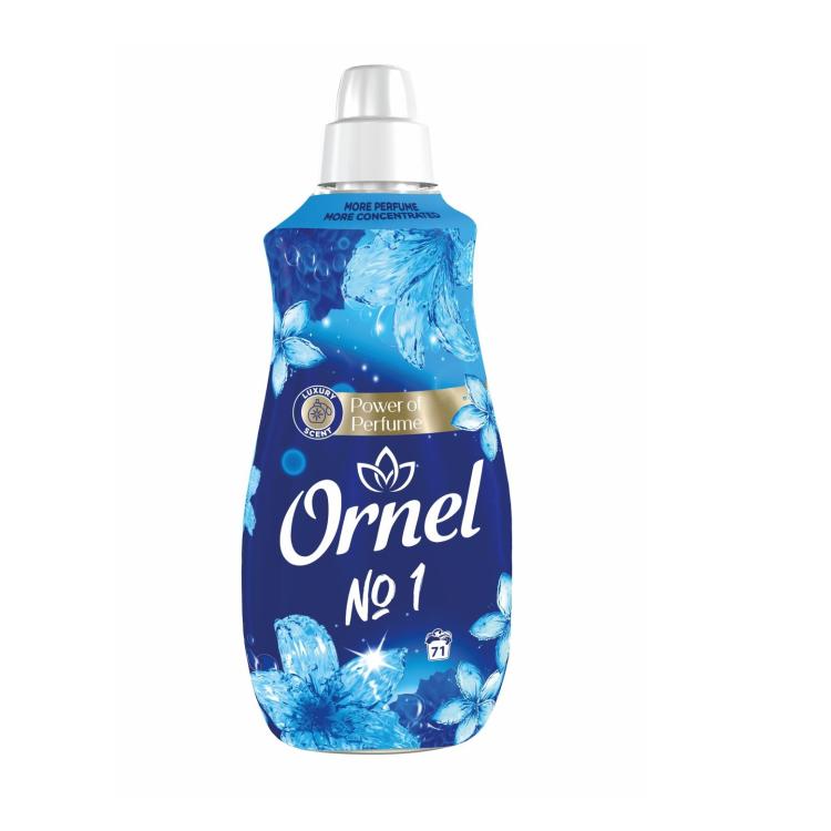 Mehčalec za perilo Ornell No 1 v modri plastenki s cvetličnim motivom in sivim pokrovom