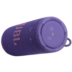 JBL cilindrični brezžični zvočnik v vijolični barvi, zgornji pogled z gumbi za vklop, Bluetooth in opozorila