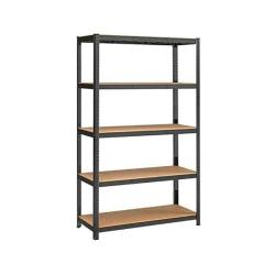 Kovinski skladiščni regal s petimi lesenimi policami, samostoječ na belem ozadju.