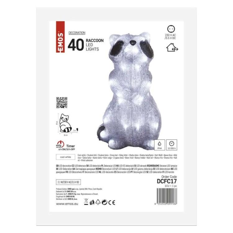LED dekoracija svetleči rakun Emos, 39 cm, zunanja in notranja, hladna bela