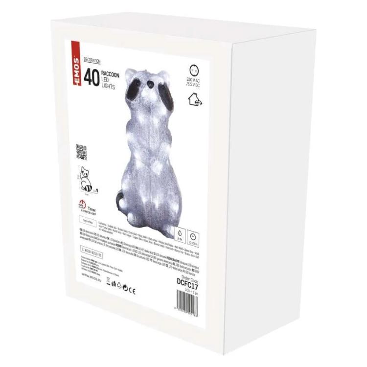 LED dekoracija svetleči rakun Emos, 39 cm, zunanja in notranja, hladna bela