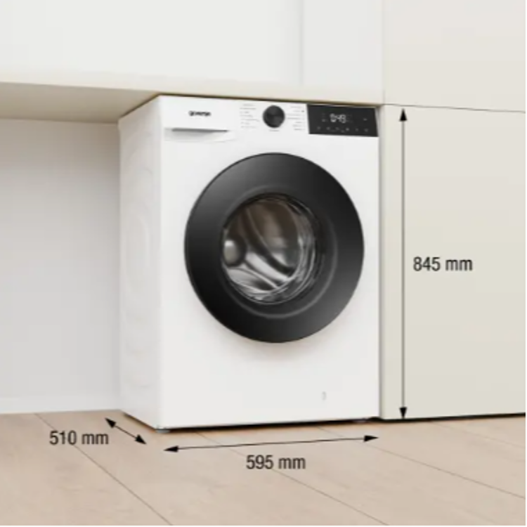 Pralni stroj Gorenje WG2P84A32 kompaktnih mer 595 × 510 × 845 mm za enostavno namestitev.