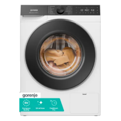 Pralni stroj Gorenje WG2P84A32 bele barve s črnimi vrati, 8 kg zmogljivosti in programom FastWash Pro.