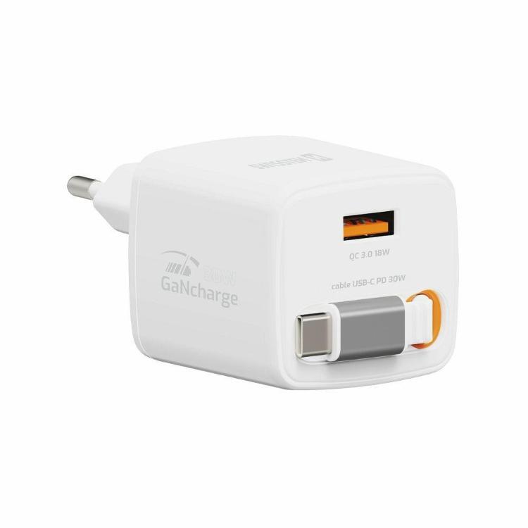 Kompaktni polnilnik Swissten GaN 30 W z izvlečnim USB‑C kablom, USB‑A Quick Charge 3.0 izhodom in večstopenjsko zaščito zagotavlja hitro, varno in zanesljivo polnjenje doma, v pisarni ali na potovanjih.