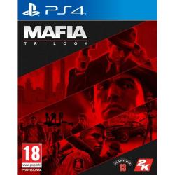 Mafia Trilogy za PS4, uradna naslovnica zbirke Mafia, Mafia II in Mafia III z liki, vozili in mafijsko tematiko.