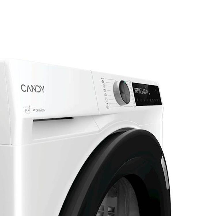 Sušilni stroj Candy BR 10N2BX‑S s sprednjim polnjenjem, bel, pogled na zgornji del z digitalno nadzorno ploščo in programskim gumbom.