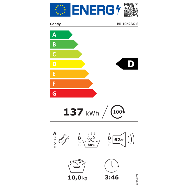 Energijska nalepka za sušilni stroj Candy BR 10N2BX‑S z energijskim razredom D, porabo 137 kWh na 100 ciklov, zmogljivostjo 10 kg, učinkovitostjo kondenzacije 88 %, glasnostjo 62 dB in trajanjem programa 3 h 46 min.