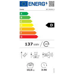 Energijska nalepka za sušilni stroj Candy BR 10N2BX‑S z energijskim razredom D, porabo 137 kWh na 100 ciklov, zmogljivostjo 10 kg, učinkovitostjo kondenzacije 88 %, glasnostjo 62 dB in trajanjem programa 3 h 46 min.
