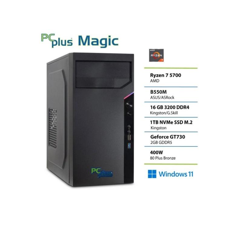 PC Plus Magic namizni računalnik, fotografiran iz levega sprednjega kota v črnem ohišju.