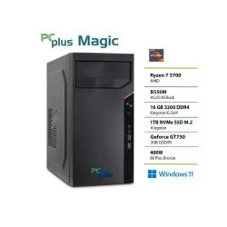 PC Plus Magic namizni računalnik, fotografiran iz levega sprednjega kota v črnem ohišju.