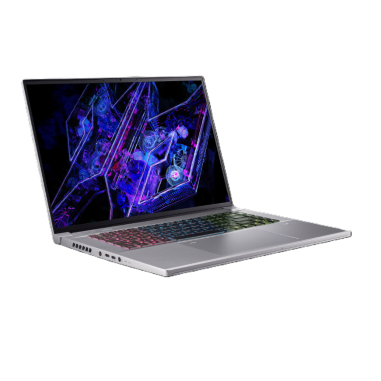 Acer Predator odprt z bočnega kota, tanek srebrn dizajn, vidni stranski priključki in RGB tipkovnica.