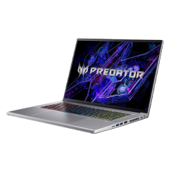 Gaming prenosnik Acer Predator, odprt pod kotom, srebrno ohišje, RGB tipkovnica in zaslon z logotipom Predator.