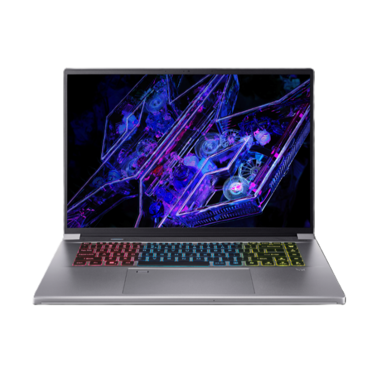 Sprednji pogled odprtega Acer Predator, velik zaslon, tanki robovi in RGB osvetljena tipkovnica.