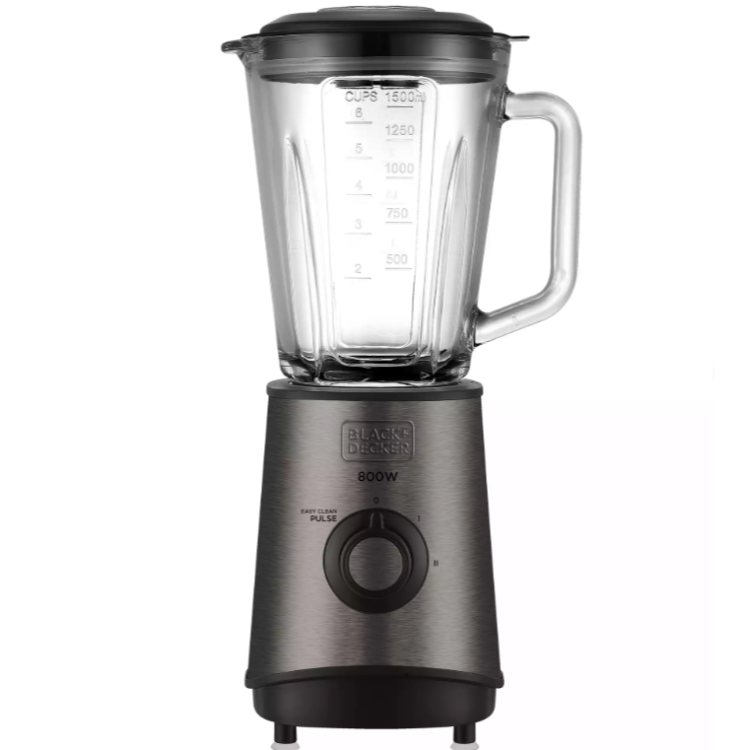 Black+Decker namizni blender 800 W z inox ohišjem, stekleno mešalno posodo prostornine 1,5 l in vrtljivim gumbom za nastavitev hitrosti ter pulzno funkcijo
