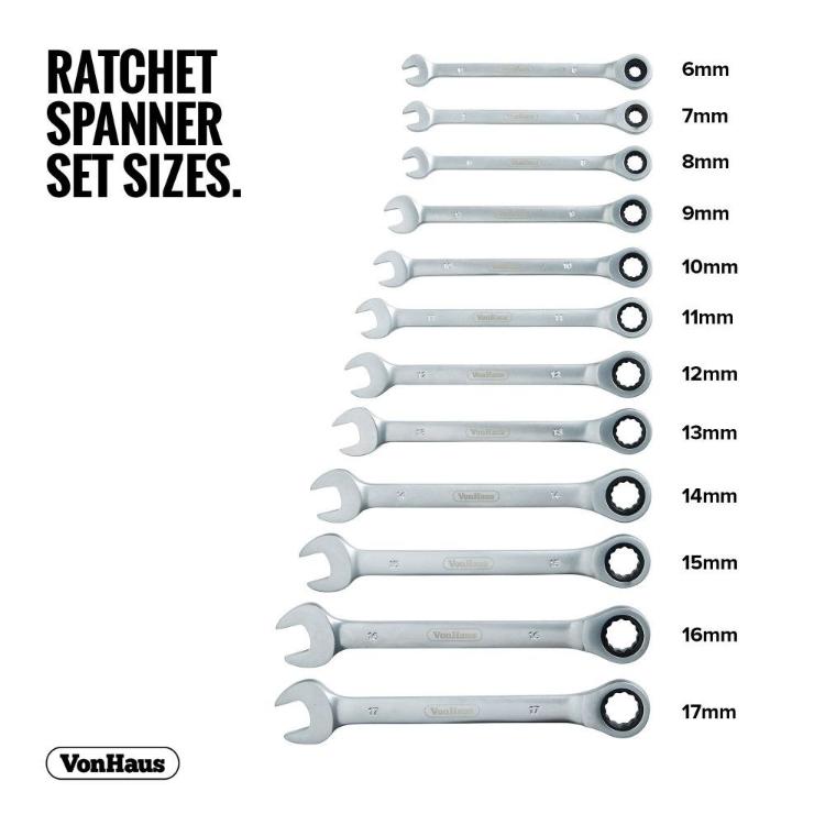 Komplet rageljnih viličastih ključev vključuje velikosti od 6 mm do 17 mm za širok nabor servisnih in montažnih opravil.