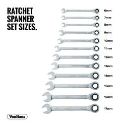 Komplet rageljnih viličastih ključev vključuje velikosti od 6 mm do 17 mm za širok nabor servisnih in montažnih opravil.