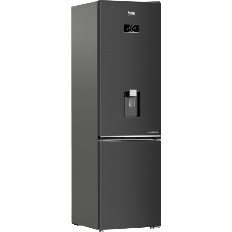 Stranski pogled hladilnika Beko B5RCNA405HDXBR z elegantnim temnim inox zaključkom, dozirnikom vode in sodobnim minimalističnim dizajnom
