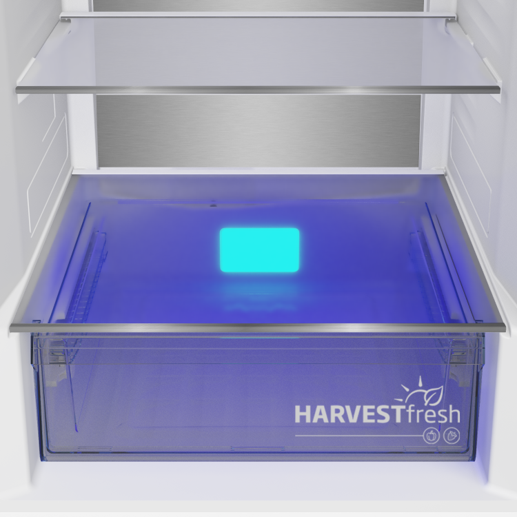 Predal HarvestFresh v hladilniku Beko B5RCNA405HDXBR z modro osvetlitvijo za simulacijo naravnega dnevnega cikla in ohranjanje vitaminov v sadju ter zelenjavi