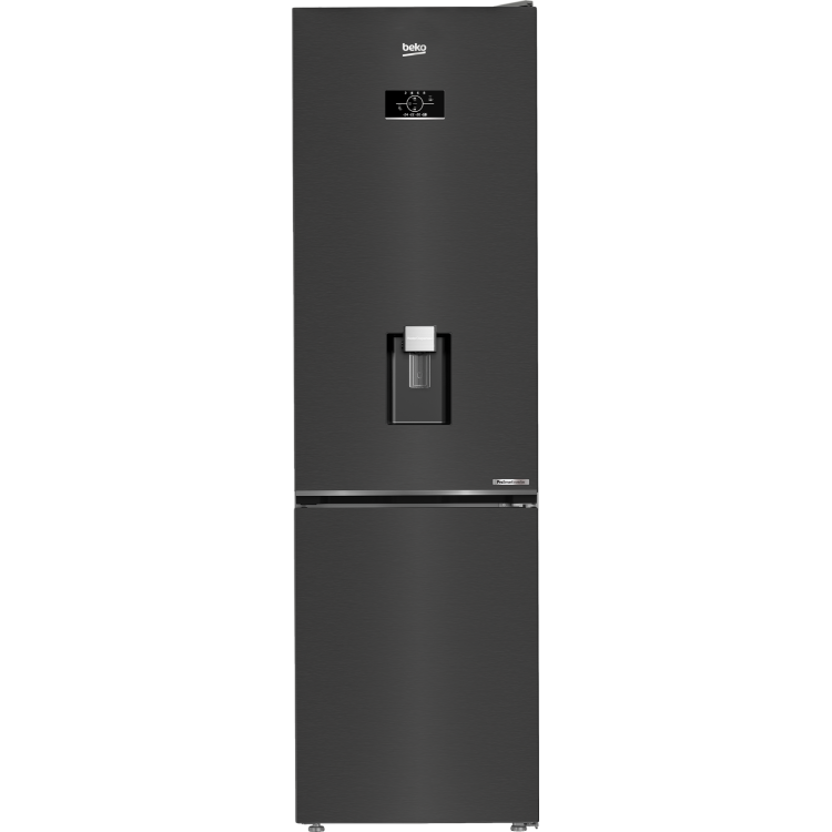 Beko kombinirani hladilnik B5RCNA405HDXBR v temni inox izvedbi z zamrzovalnikom spodaj, zunanjim digitalnim zaslonom in vgrajenim dozirnikom za vodo na vratih