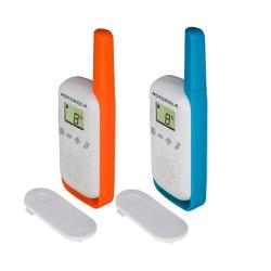 Motorola T42 walkie‑talkie (dvojni komplet) v beli barvi z oranžnim in modrim robom ter LCD zaslonom