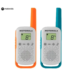 Motorola T42 walkie‑talkie (dvojni komplet) v beli barvi z oranžnim in modrim robom ter LCD zaslonom