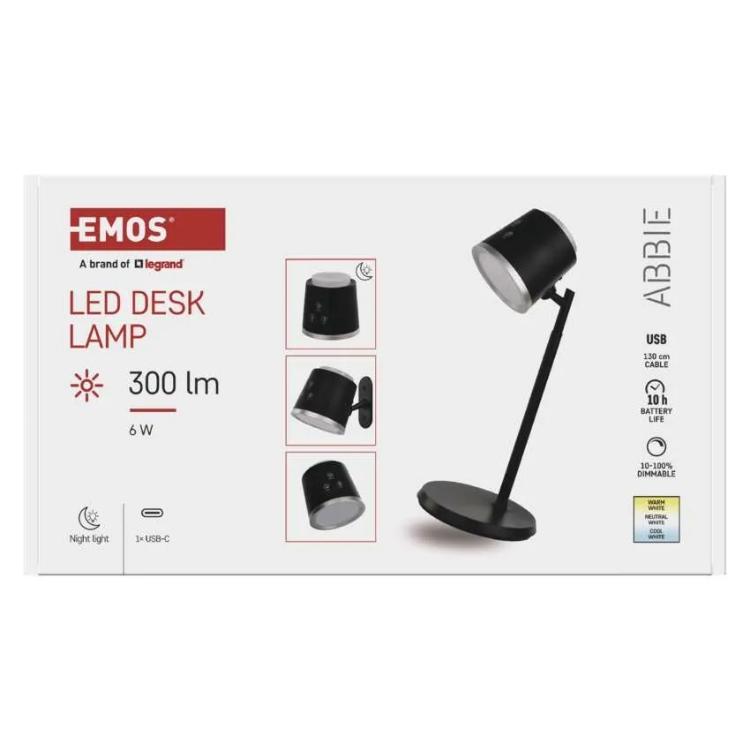 Namizna LED svetilka Emos ABBIE, polnilna, črna
