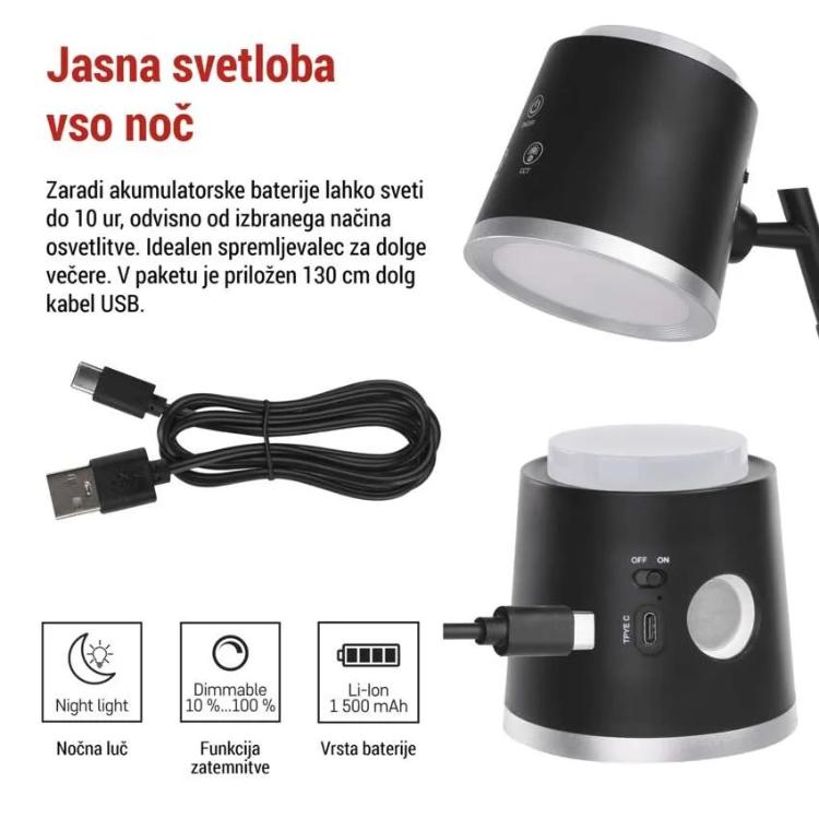 Namizna LED svetilka Emos ABBIE, polnilna, črna