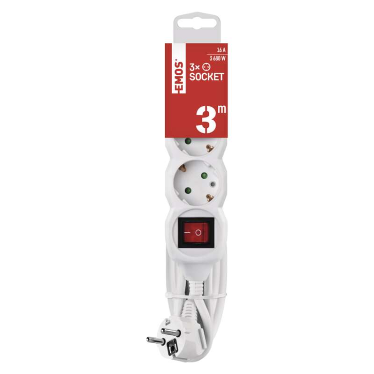 Podaljšek Emos 3 m / 3 vtičnice / s stikalom / beli / PVC / 1,5 mm2