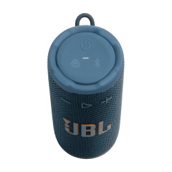 JBL Go 4 Bluetooth zvočnik, zgornji pogled, moder, gumbi za vklop in povezavo, zanka za prenašanje.