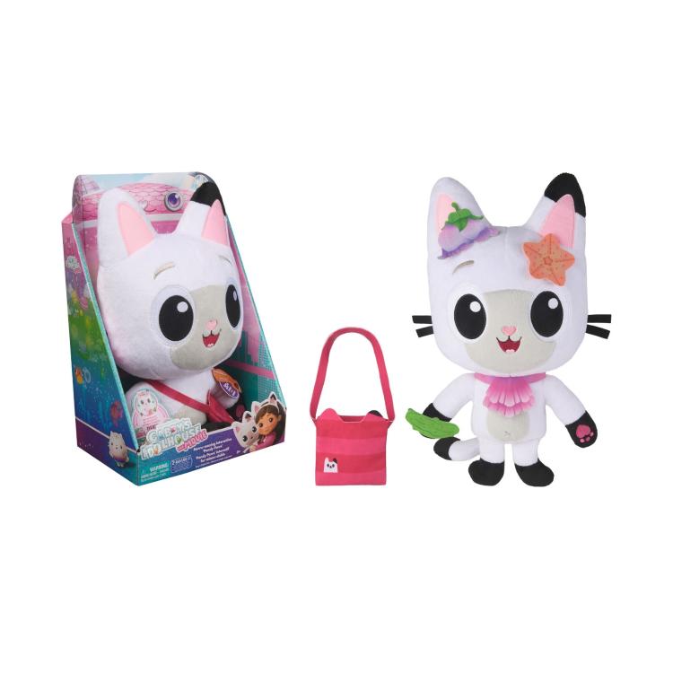 Plišasta igrača Gabby's Dollhouse Pandy Paws z interaktivnimi funkcijami in torbico, primerna za otroke 3+.
