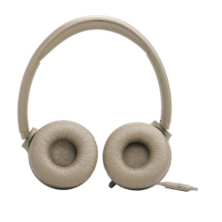  Bež JBL žične slušalke od spredaj, mehke blazinice in tanek naglavni lok za udobno poslušanje.