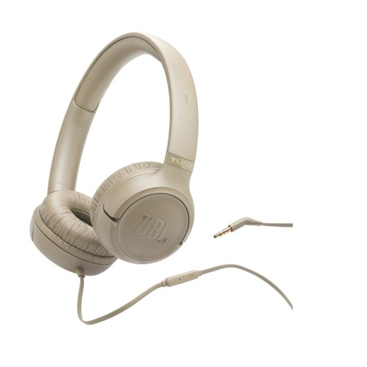  Bež JBL slušalke pod kotom, mehke blazinice in 3,5 mm priključek za žično povezavo.