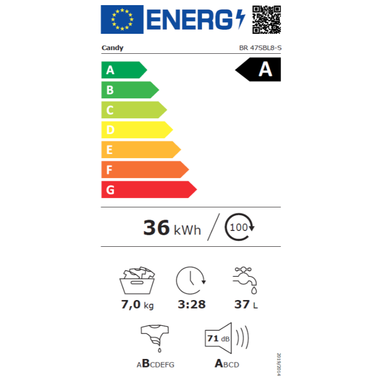 Energijska nalepka pralnega stroja Candy z razredom A, porabo 36 kWh in zmogljivostjo 7 kg