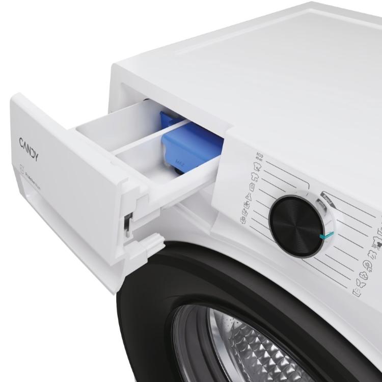 Predal za detergent pralnega stroja Candy z odprtim pokrovom in modrim vložkom