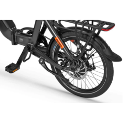 Ecobike električno kolo: zadnje kolo z disk zavoro, menjalnikom, prtljažnikom, blatnikom in odsevnikom.