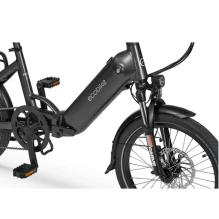 Ecobike električno kolo: del okvirja z integrirano baterijo, sprednje vzmetenje, disk zavora in črni blatnik.