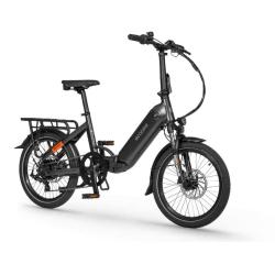Ecobike električno kolo: stranski pogled z nizkim okvirjem, prtljažnikom, blatniki in disk zavorami.