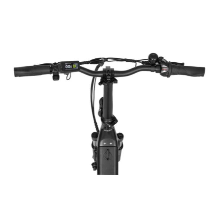 Ecobike električno kolo: krmilo z LCD zaslonom, ročicami, kabli in nastavljivim črnim steblom.