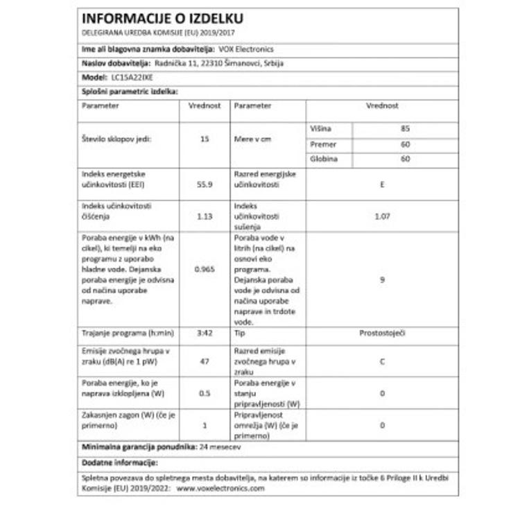 Pomivalni stroj VOX LC 15A22-IX E, 15 pogr., 7 programov, inox, 60 cm