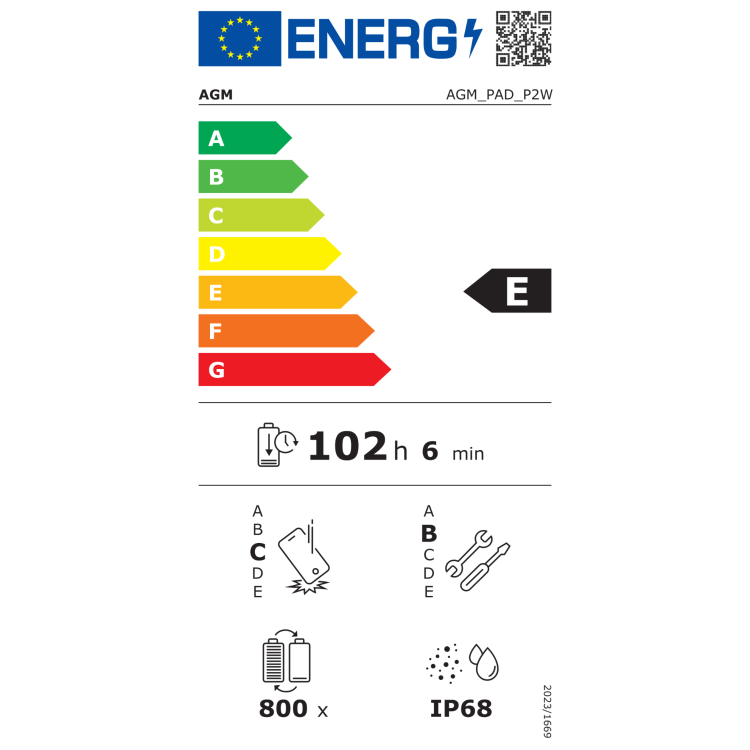 AGM Mobile P2 Active energijski razred E, 102 h delovanja, 800 ciklov baterije in IP68 zaščita.