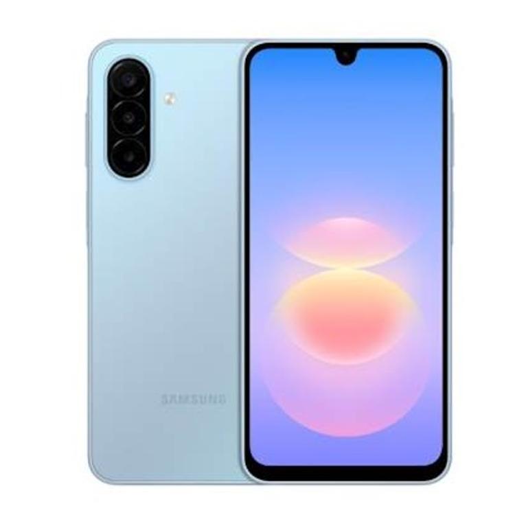Samsung Galaxy A18 LTE v svetlo modri barvi, prikazan s sprednje in zadnje strani hkrati.