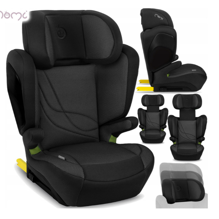 MoMi avtosedež v črni barvi, prikazan v več pogledih z nastavljivim vzglavnikom, bočnimi zaščitami in ISOFIX-pritrditvijo.