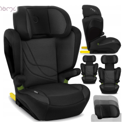 MoMi avtosedež v črni barvi, prikazan v več pogledih z nastavljivim vzglavnikom, bočnimi zaščitami in ISOFIX-pritrditvijo.