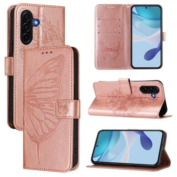 Ovitek tipa denarnica za pametni telefon Samsung Galaxy A37 5G z motivom metulja v rožnato-zlati barvi.